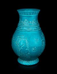 A Carved Turquoise-Glazed Porcelain Hu Vase