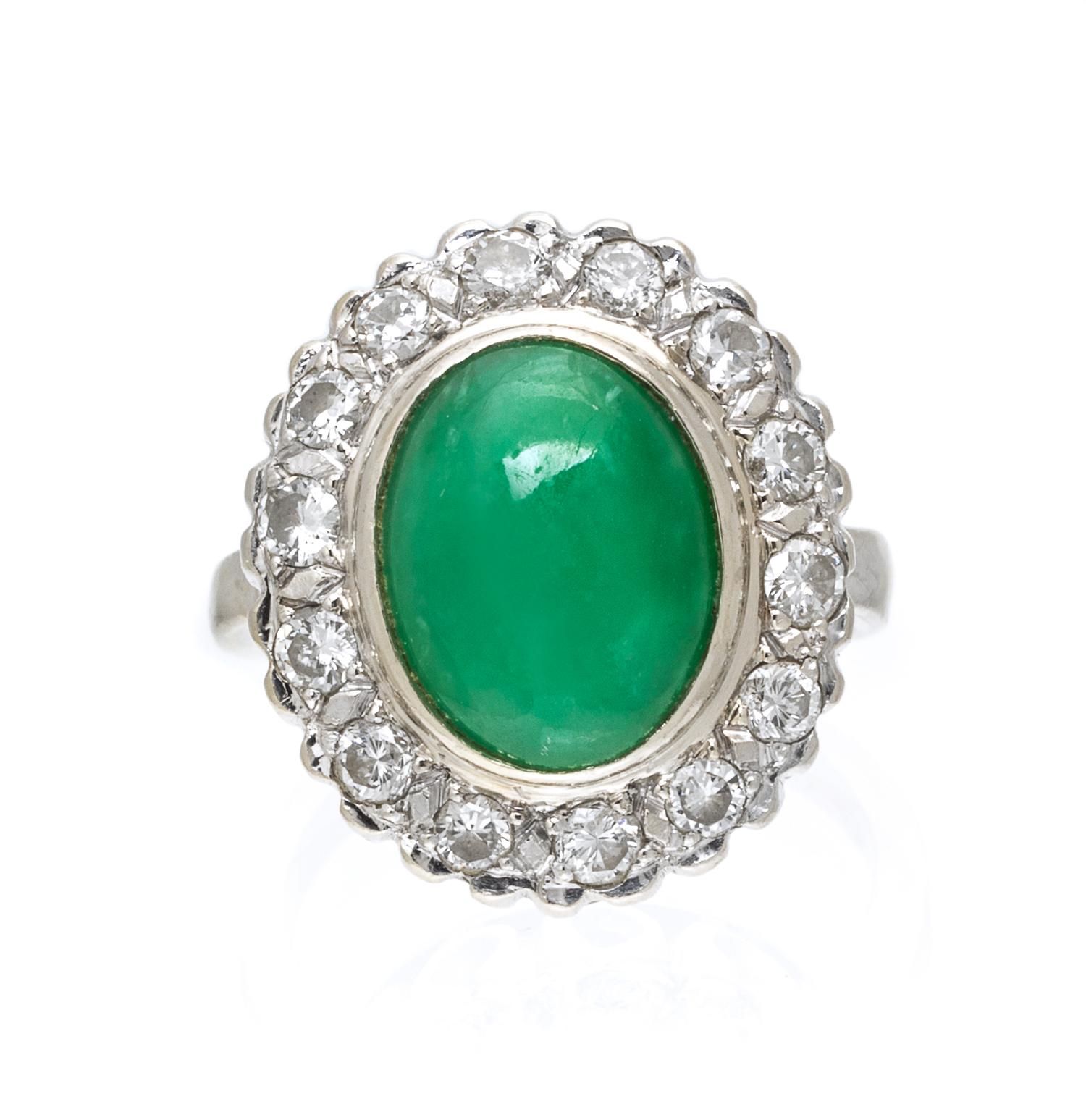 A 14 Karat White Gold, Jade and Diamond Ring, 6.00 dwts.