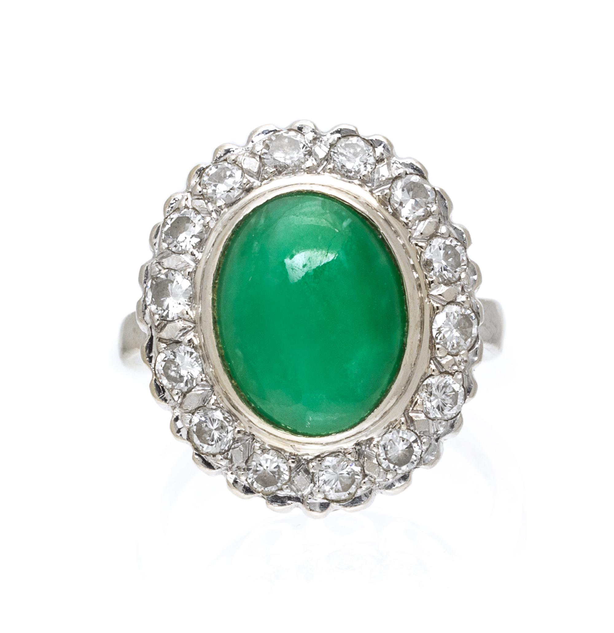 A 14 Karat White Gold, Jade and Diamond Ring, 6.00 dwts.