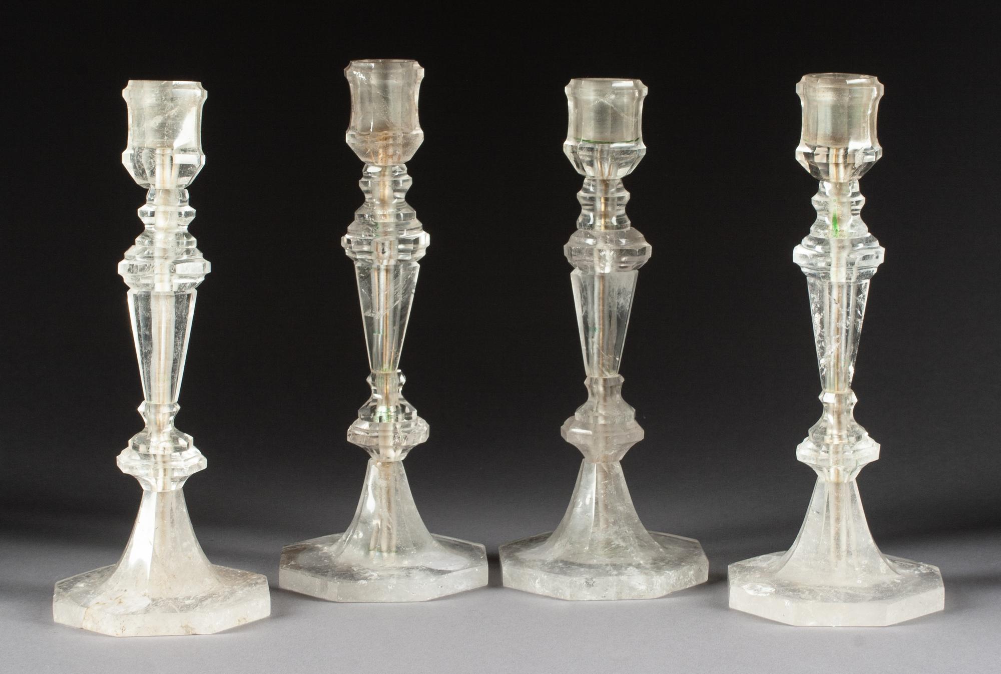 A Set of Four Rock Crystal Candlesticks Height 9 inches.
