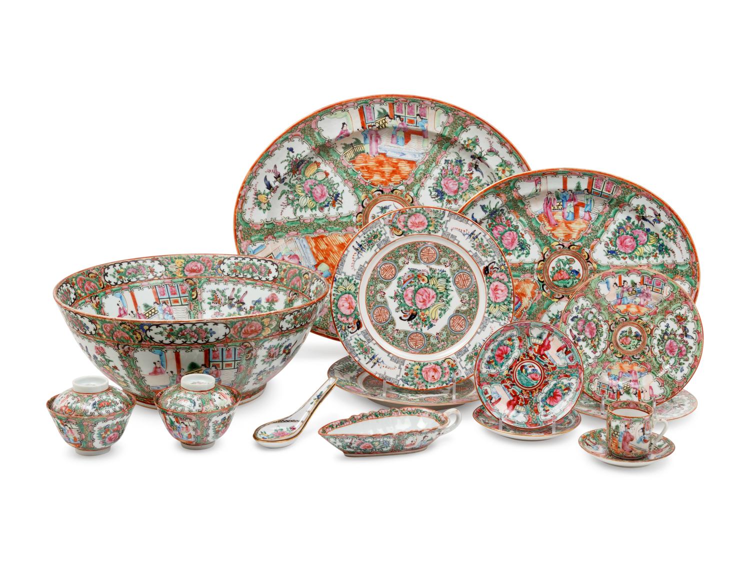 A Large Collection of 128 Export Rose Medallion Porcelain Wares