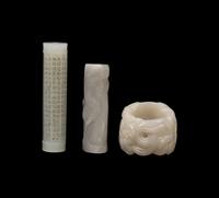 Three Chinese White Jade Scholar's Objects, 20th Century 近代 白玉把件三枚