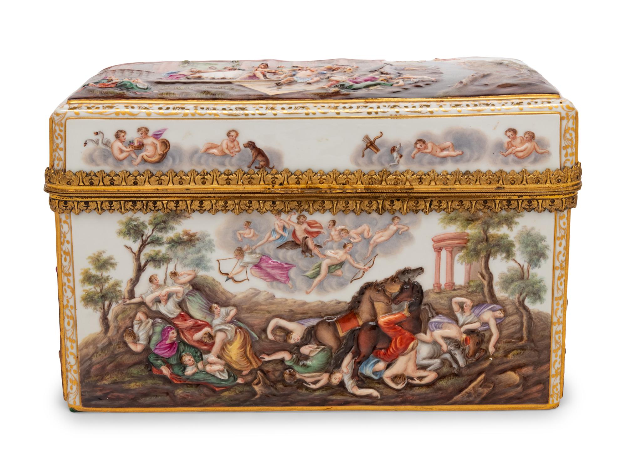A Gilt Metal Mounted Meissen Porcelain Presentation Table Casket