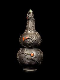 A Chinese Hardstone Inset Pewter Gourd-Form Vase