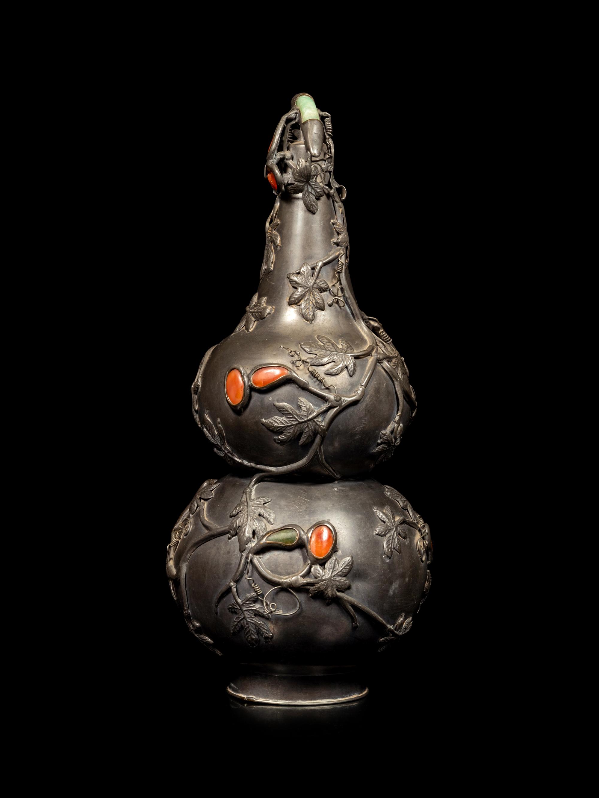 A Chinese Hardstone Inset Pewter Gourd-Form Vase