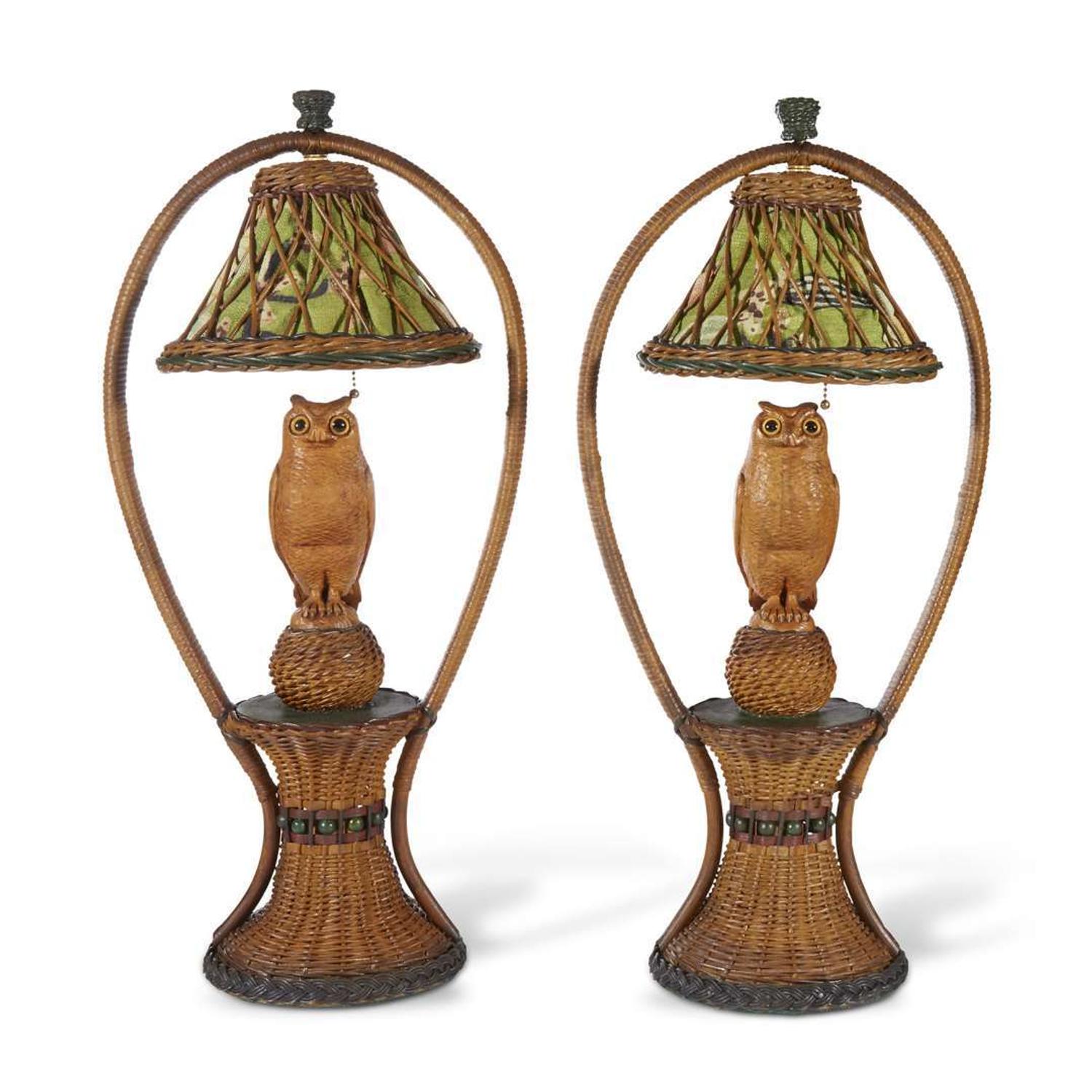 A pair of polychrome painted, carved wood and fabric-lined tables lamps with owls american, circa 1900