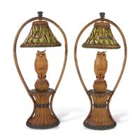 A pair of polychrome painted, carved wood and fabric-lined tables lamps with owls american, circa 1900