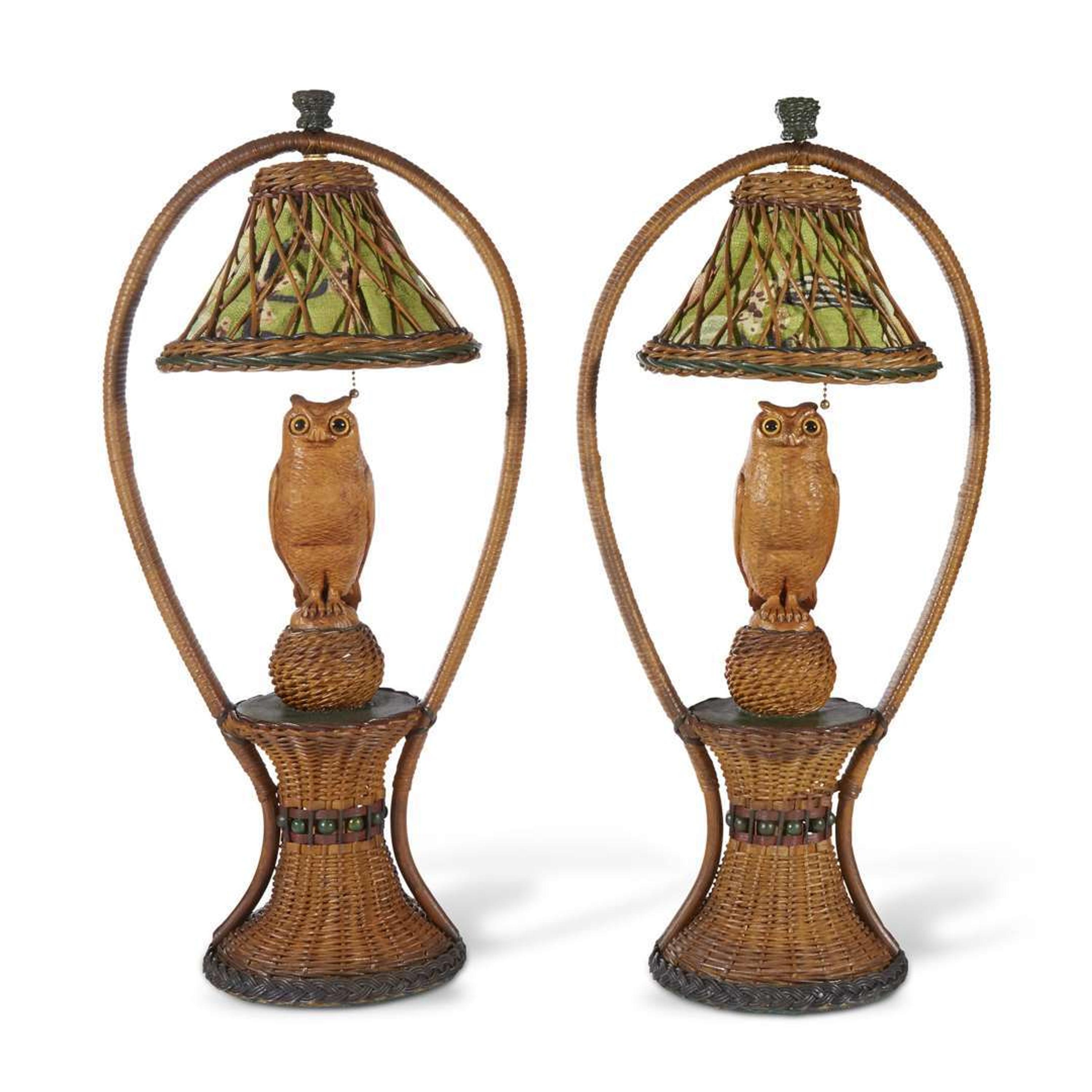 A pair of polychrome painted, carved wood and fabric-lined tables lamps with owls american, circa 1900