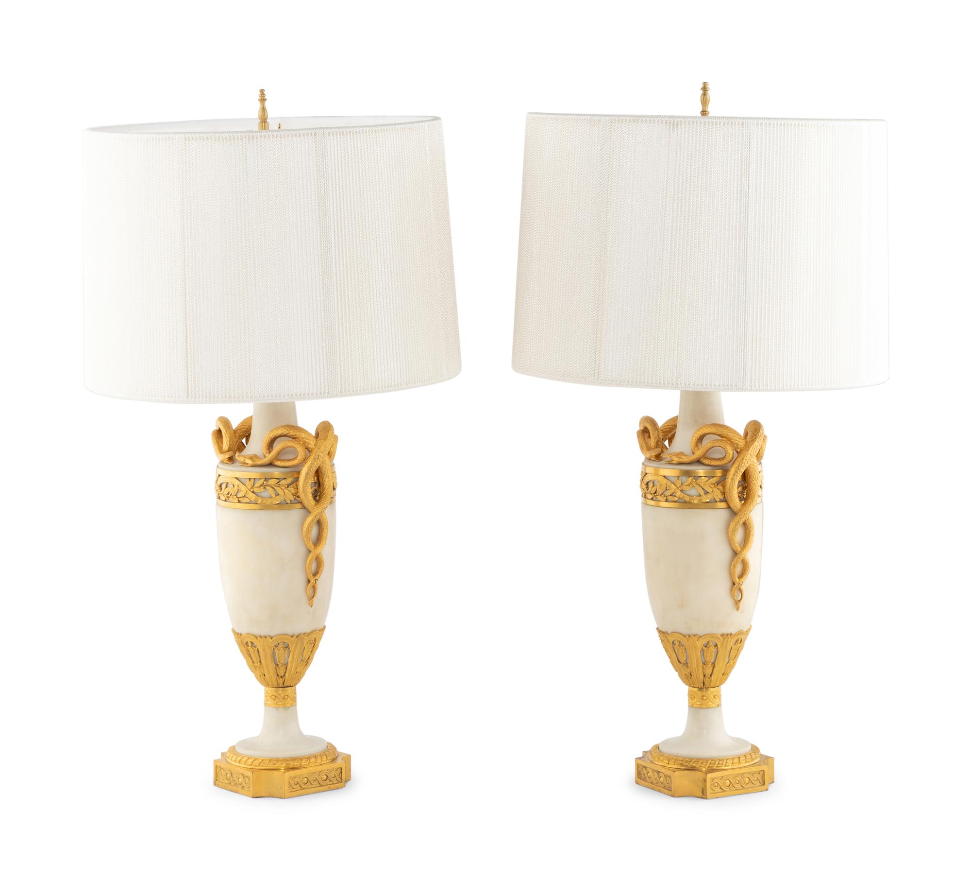 A Pair of Gilt Bronze Mounted Marble Lamps