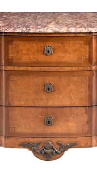A Louis XV/XVI Transitional Style Walnut Marble-Top Commode