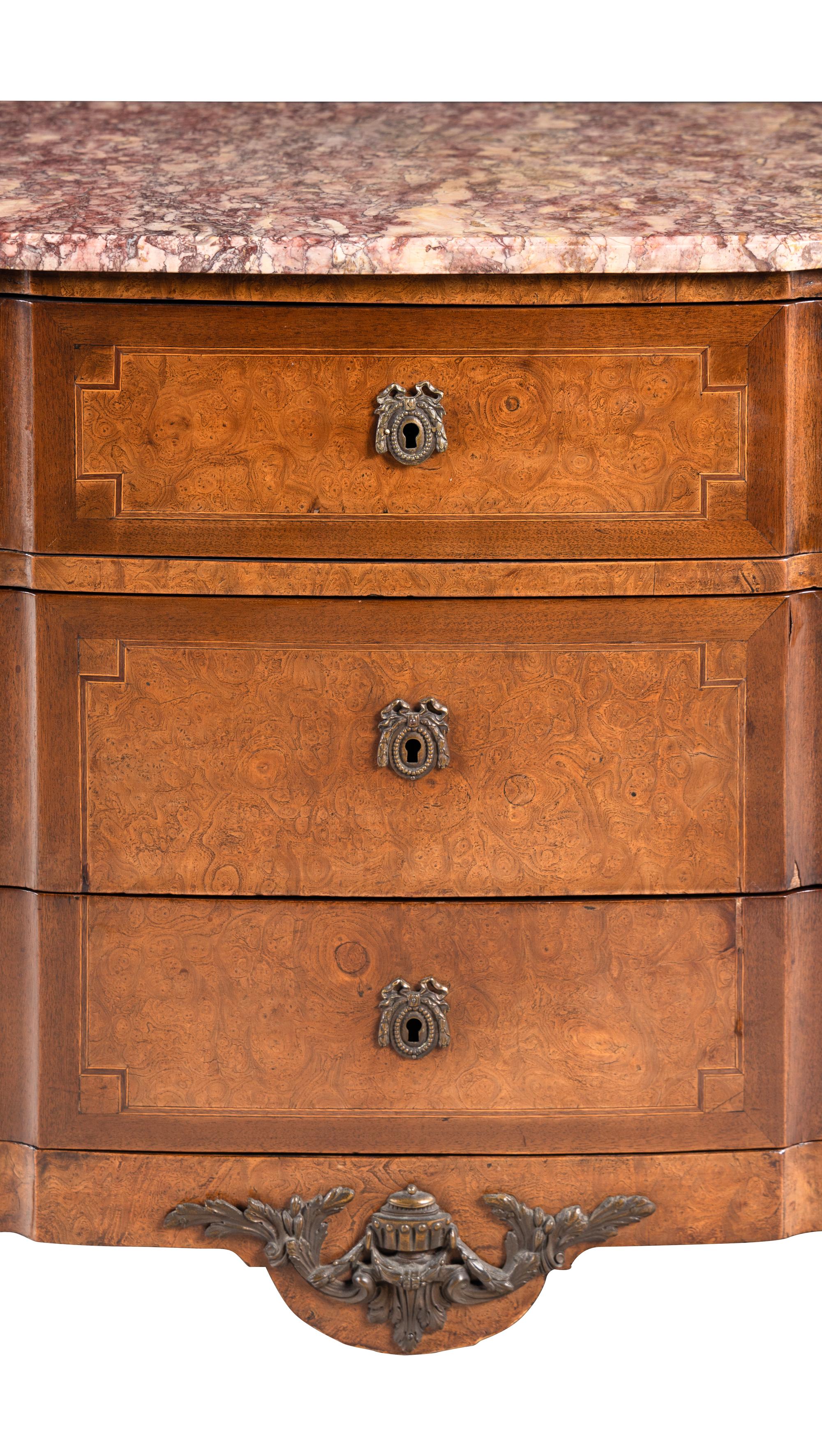 A Louis XV/XVI Transitional Style Walnut Marble-Top Commode