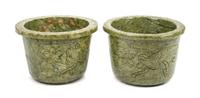 A Pair of Chinese Carved Hardstone Jardinieres Height 8 x width 11 1/2 inches.