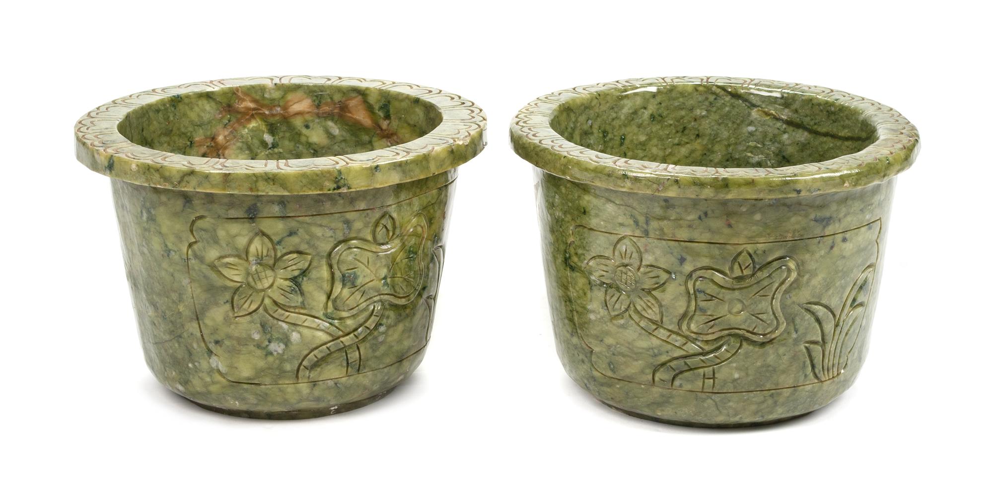 A Pair of Chinese Carved Hardstone Jardinieres Height 8 x width 11 1/2 inches.