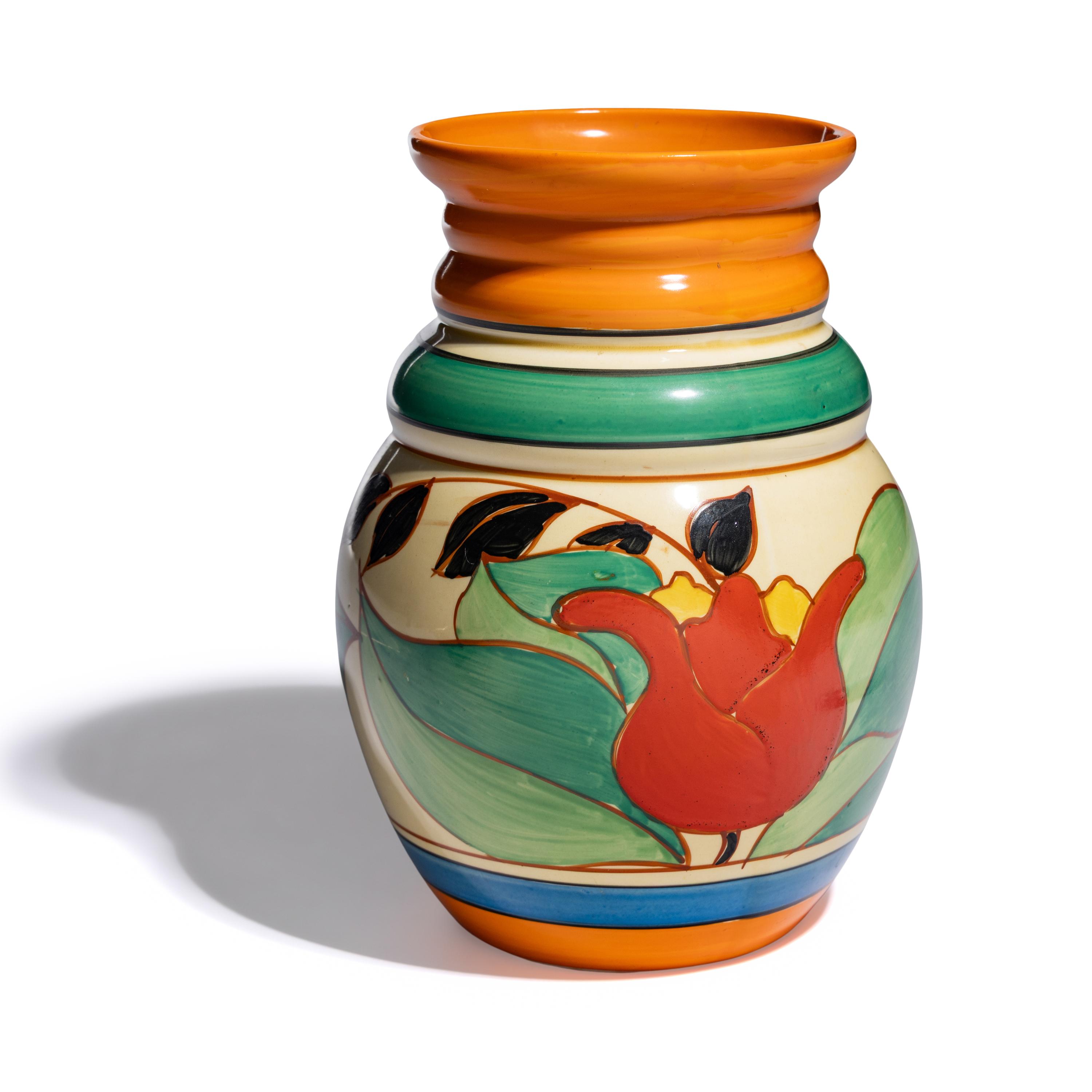 Clarice Cliff (English, 1899-1972) — Red Tulip (Tulip & Leaves) pattern vase