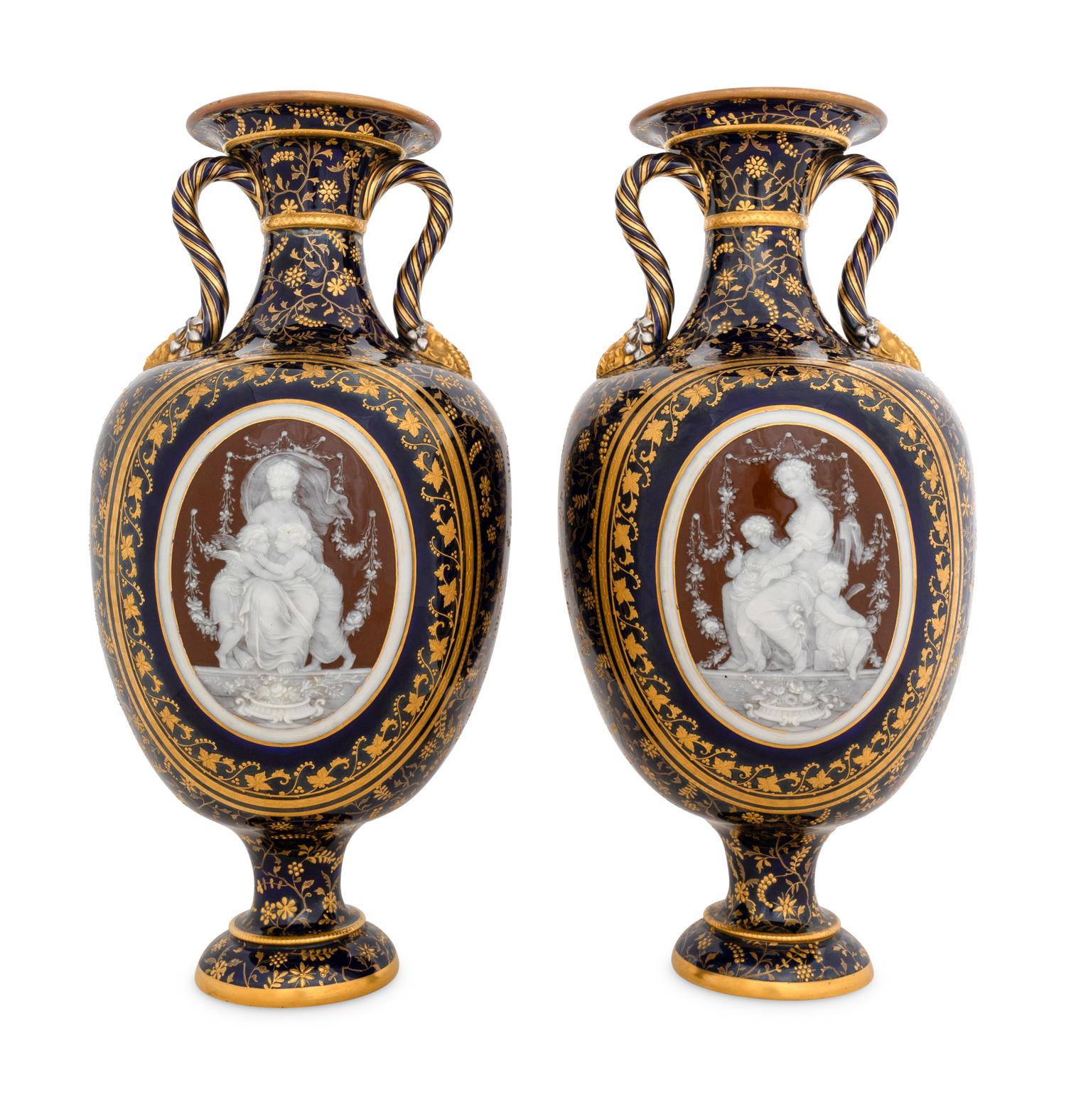 A Fine Pair of Mintons Pâte-sur-Pâte Cobalt Blue-Ground Vases