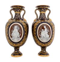 A Fine Pair of Mintons Pâte-sur-Pâte Cobalt Blue-Ground Vases