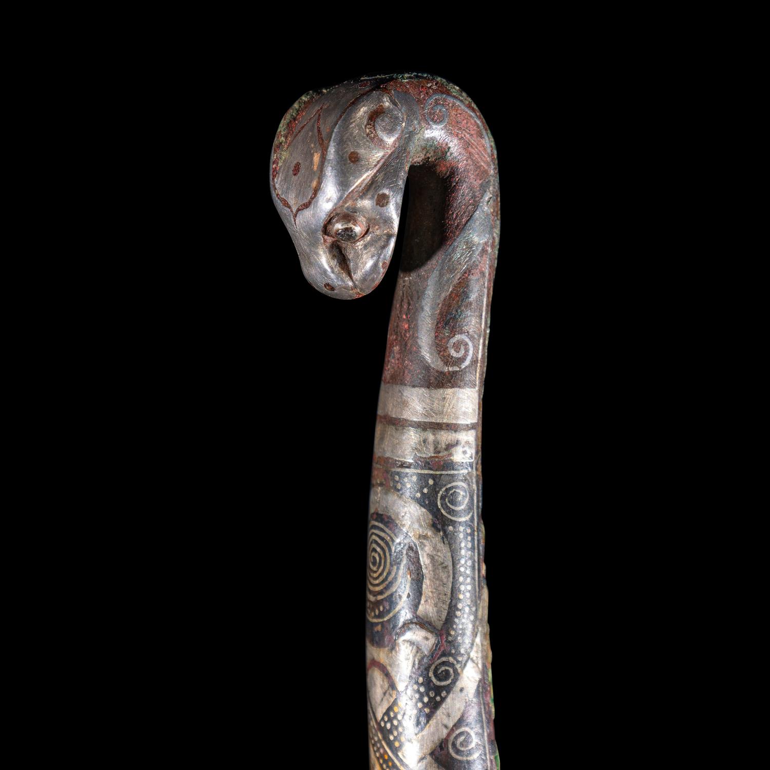 Two Chinese Silver Inlaid Bronze 'Tiger' Belt Hooks, Warring States Period-Qin Dynasty 戰國-秦 虎首錯金銀帶 鉤 兩件