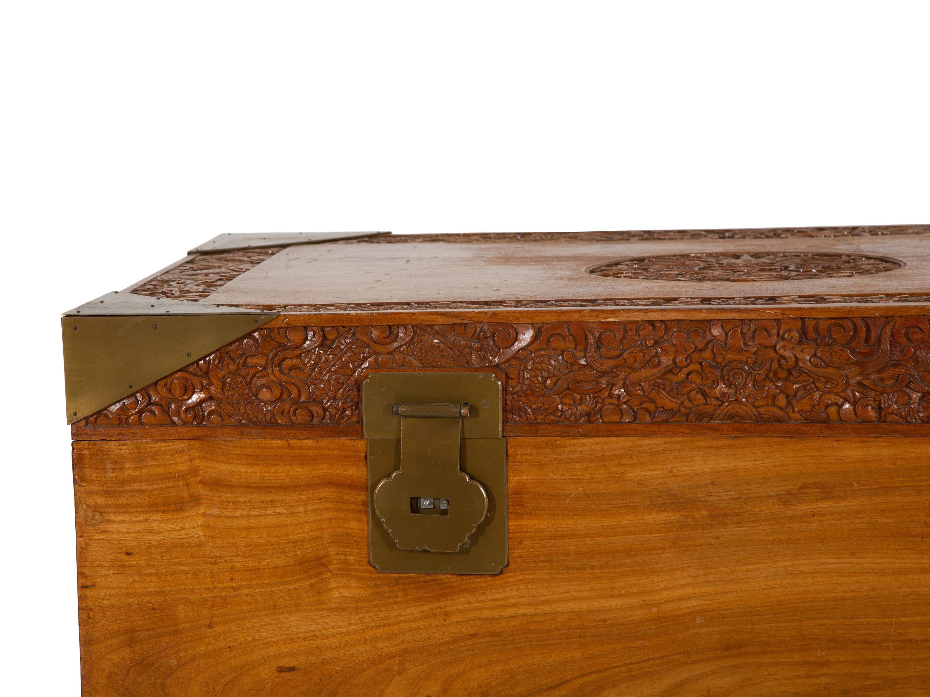 A Korean Brass Mounted Carved Hardwood Blanket Chest
