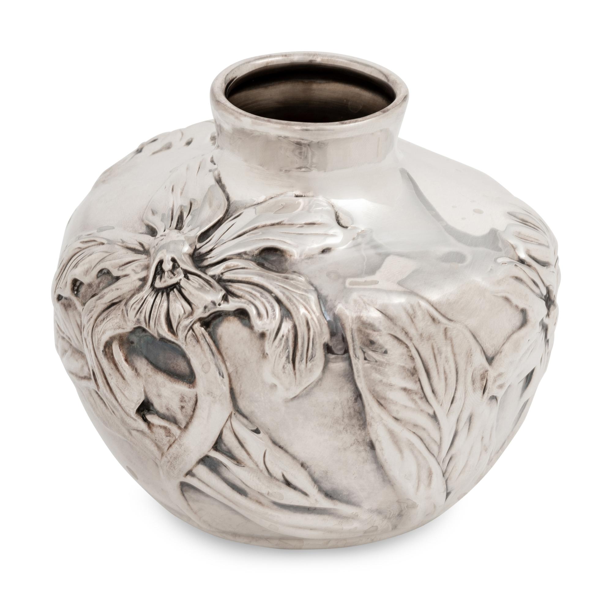 A Tiffany and Co. Silver Vase with Irises