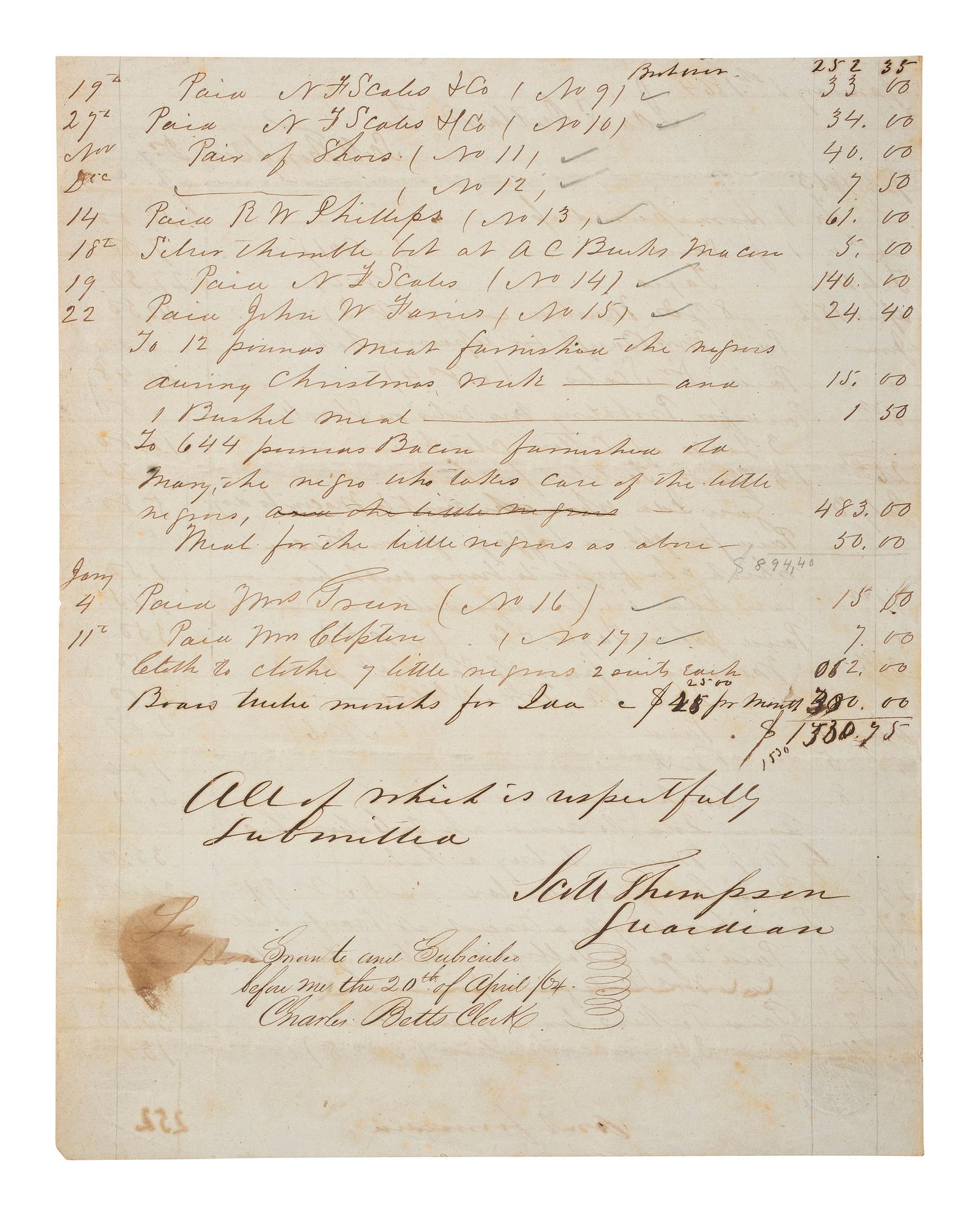 [ENSLAVEMENT & ABOLITION]. Manuscript document from Scott Thompson to Ida S. Outlaw regarding the hiring of 7 enslaved persons "which were hired to the highest bidder of Brooksville." Noxubee County, MS, 1 January 1864.