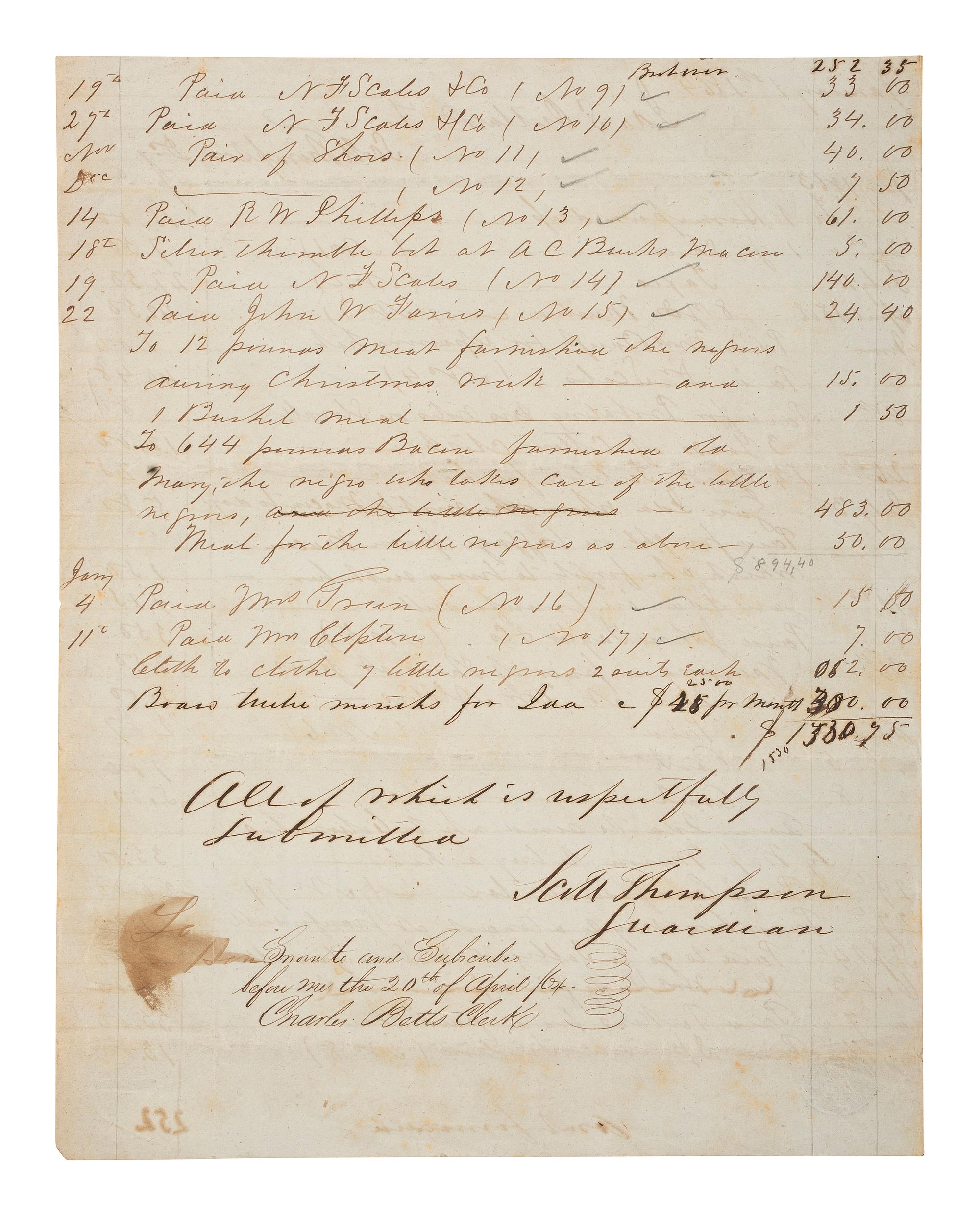[ENSLAVEMENT & ABOLITION]. Manuscript document from Scott Thompson to Ida S. Outlaw regarding the hiring of 7 enslaved persons "which were hired to the highest bidder of Brooksville." Noxubee County, MS, 1 January 1864.