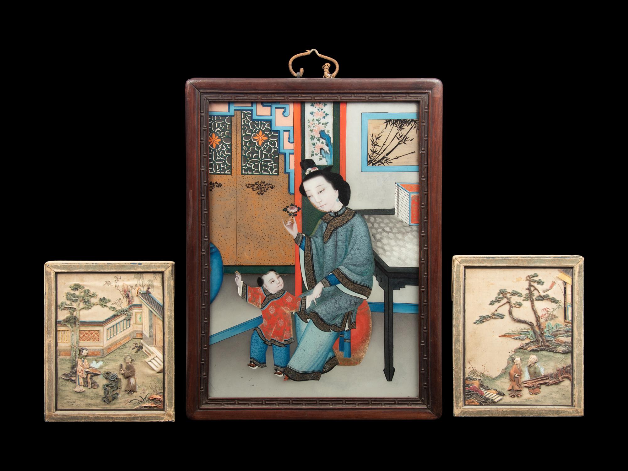 A Pair of Chinese Soapstone Embellished Panels and A Reverse Painting on Glass