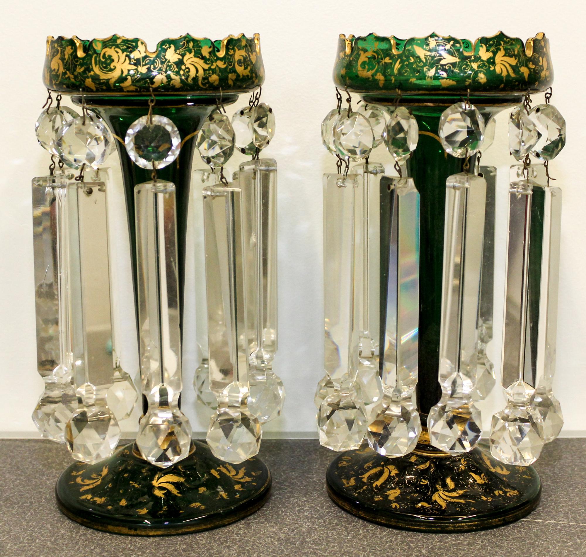 A Pair of Bohemian Green Glass Mantle Lustres Height 11 1/2 inches. — 19TH/20TH CENTURY