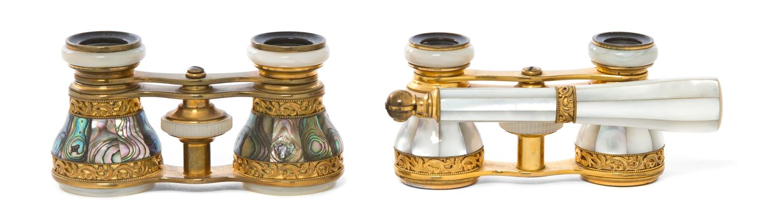 Two Pairs of French Veneered Opera Glasses, Width of wider 3 7/8 inches.
