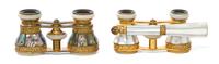 Two Pairs of French Veneered Opera Glasses, Width of wider 3 7/8 inches.