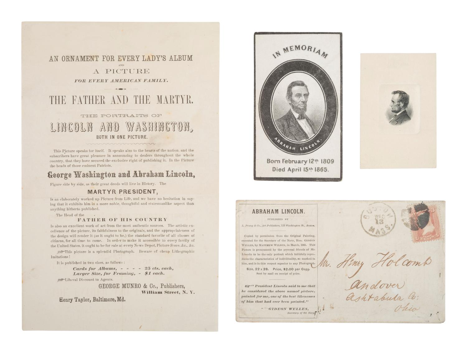 [LINCOLNIANA] 4 items incl. broadside promoting portrait of Lincoln and Washington and memorial card