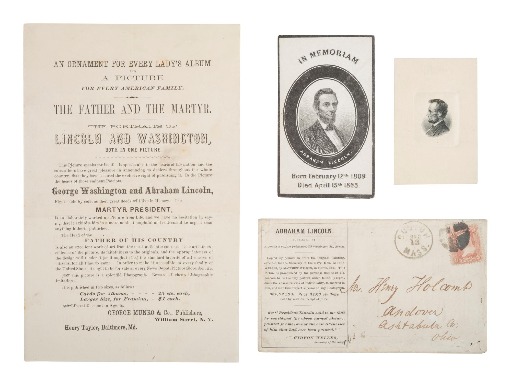 [LINCOLNIANA] 4 items incl. broadside promoting portrait of Lincoln and Washington and memorial card