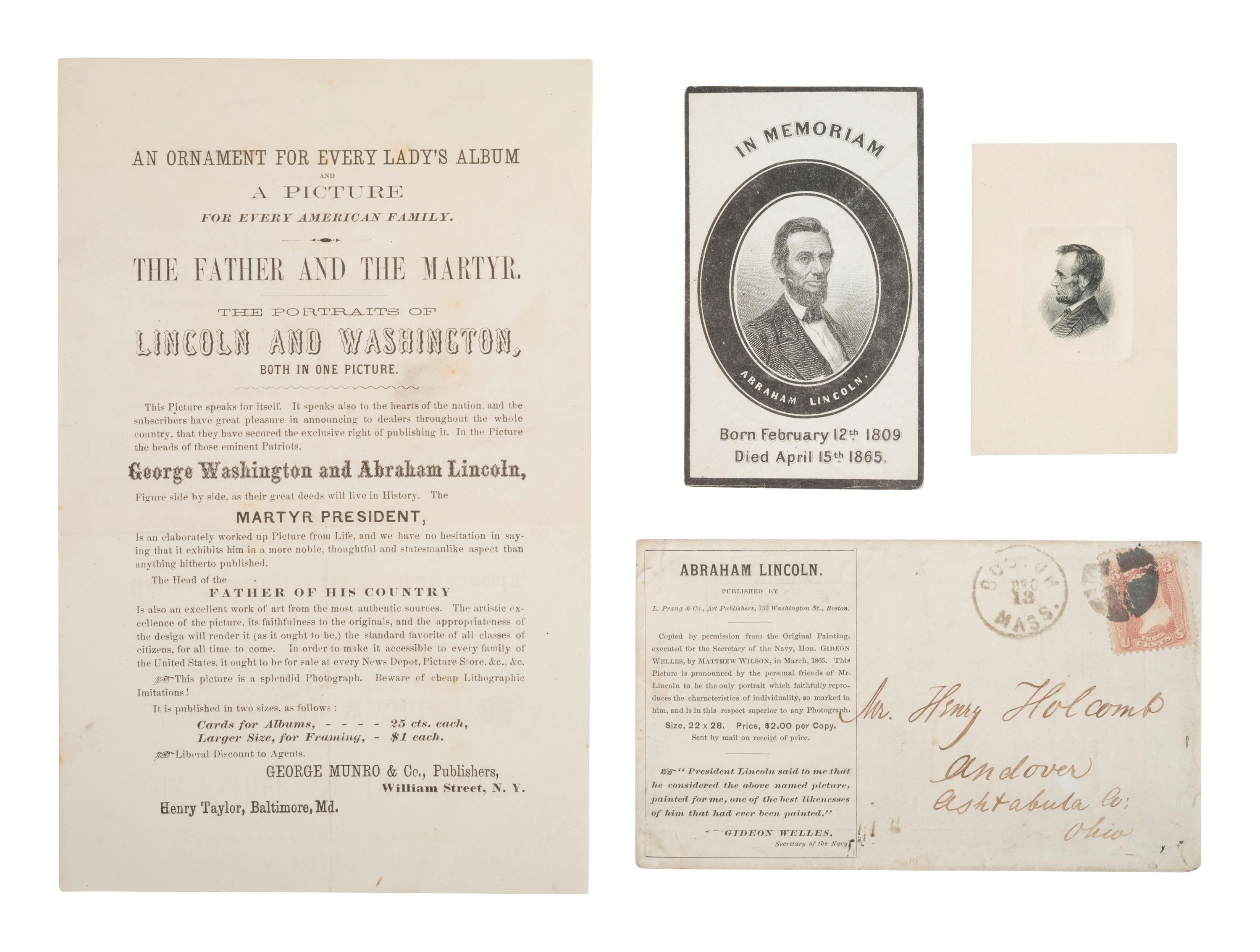 [LINCOLNIANA] 4 items incl. broadside promoting portrait of Lincoln and Washington and memorial card