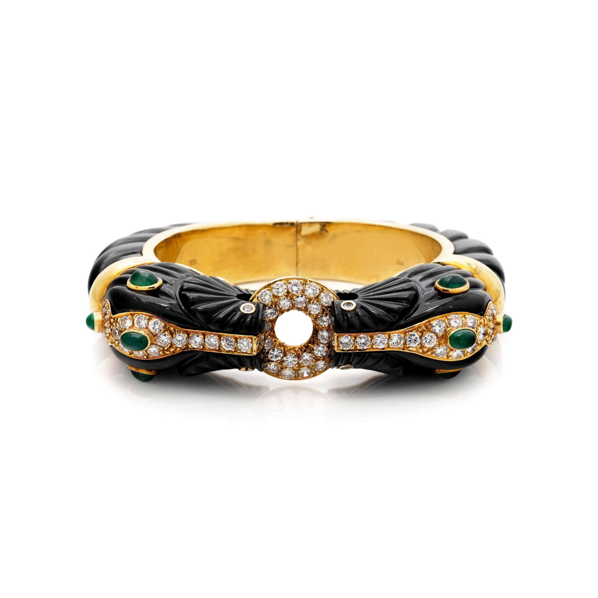 MAZ, ONYX, EMERALD AND DIAMOND BANGLE BRACELET
