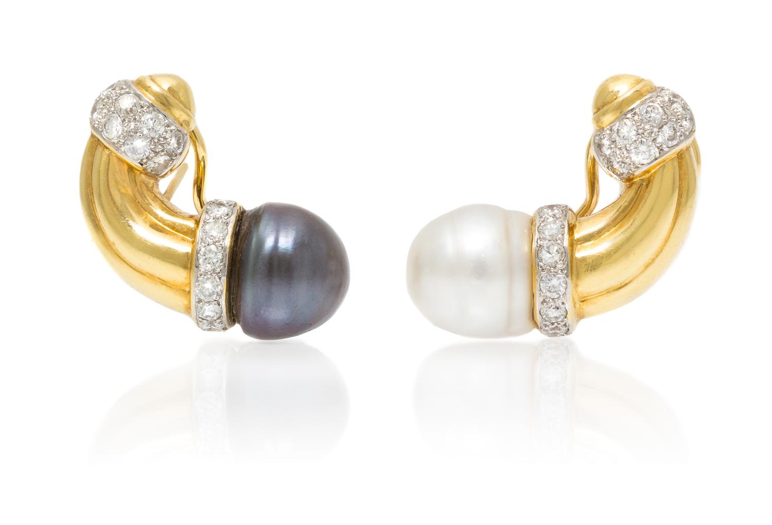 A Pair of 18 Karat Gold, Diamond and Cultured Pearl Earclips, 15.20 dwts.