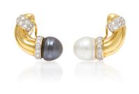 A Pair of 18 Karat Gold, Diamond and Cultured Pearl Earclips, 15.20 dwts.