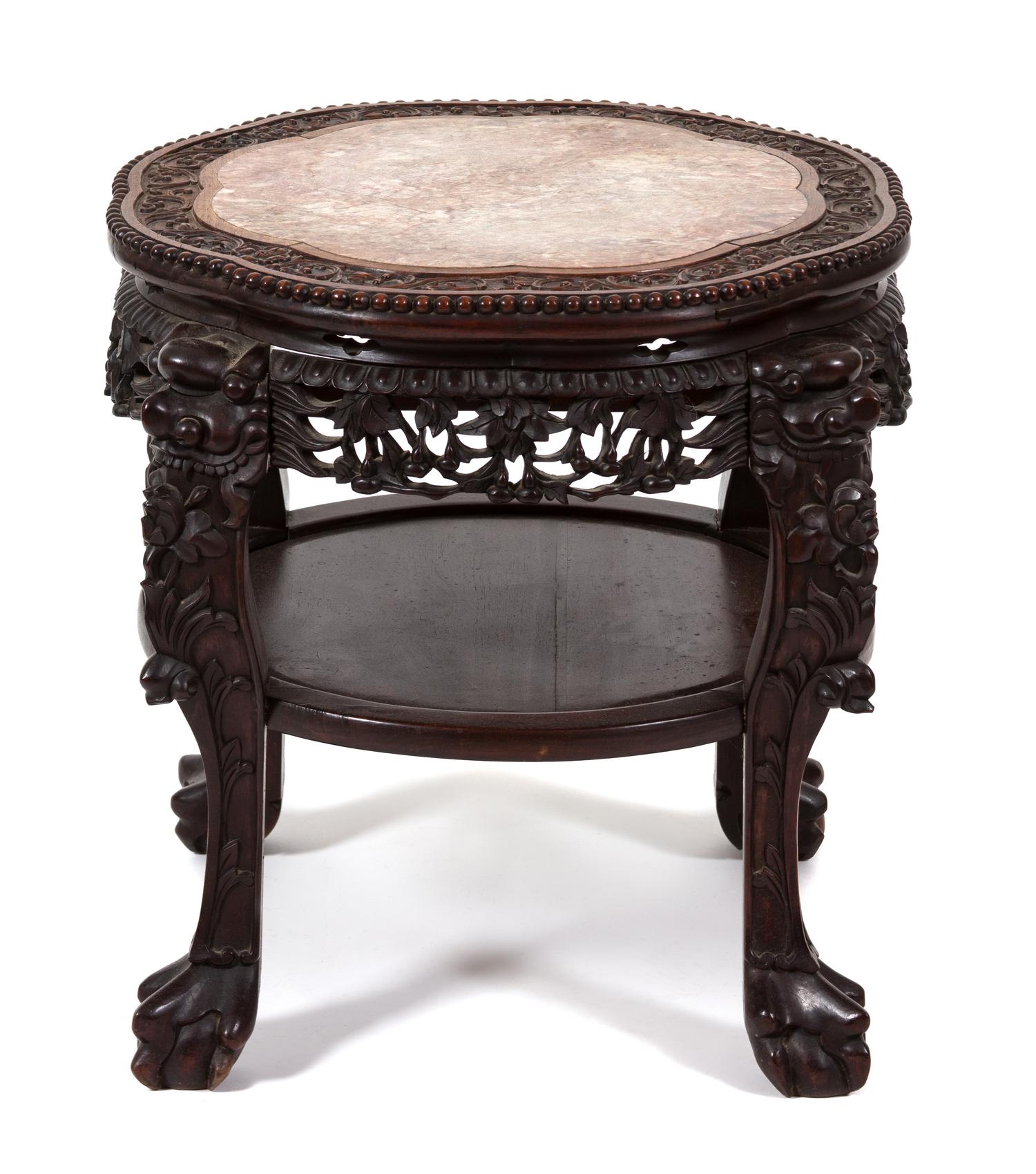 A Chinese Carved Hardwood and Marble Inset Side Table Height 22 x width 20 x depth 20 inches. — 20TH CENTURY