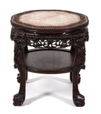 A Chinese Carved Hardwood and Marble Inset Side Table Height 22 x width 20 x depth 20 inches. — 20TH CENTURY