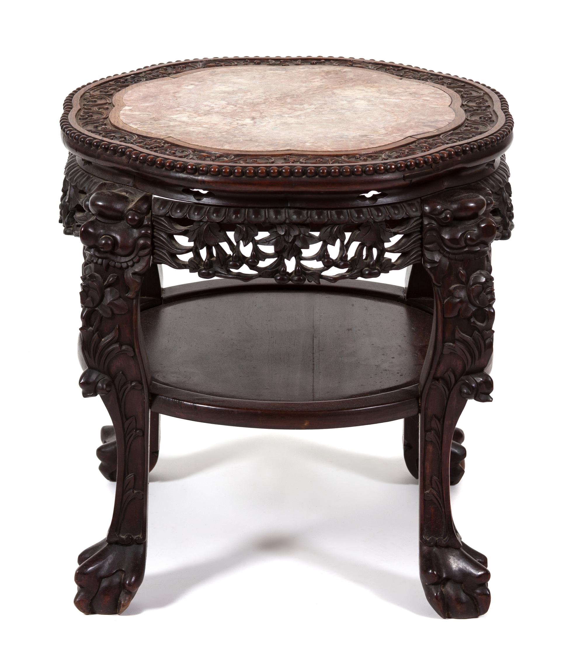 A Chinese Carved Hardwood and Marble Inset Side Table Height 22 x width 20 x depth 20 inches. — 20TH CENTURY