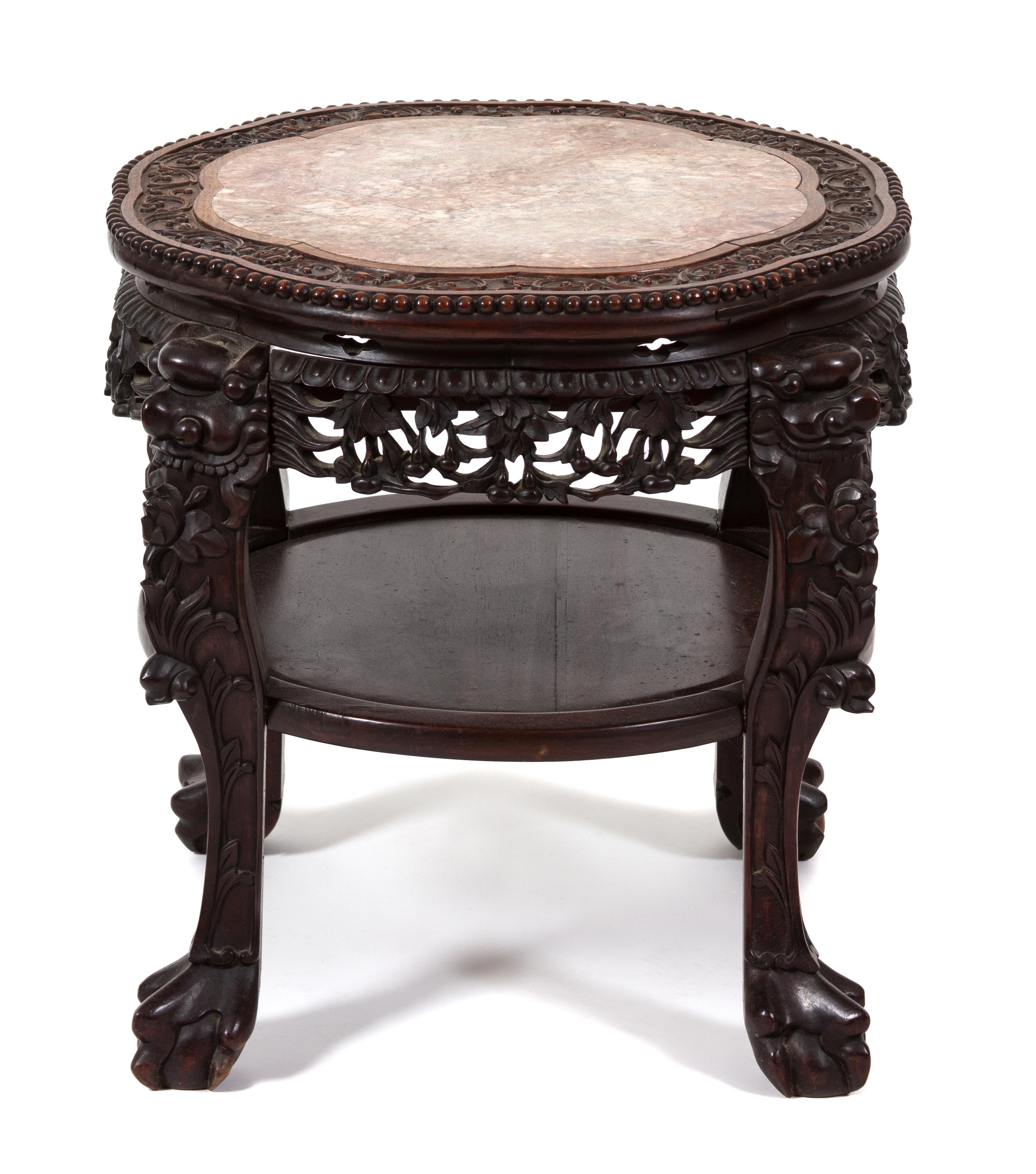 A Chinese Carved Hardwood and Marble Inset Side Table Height 22 x width 20 x depth 20 inches. — 20TH CENTURY
