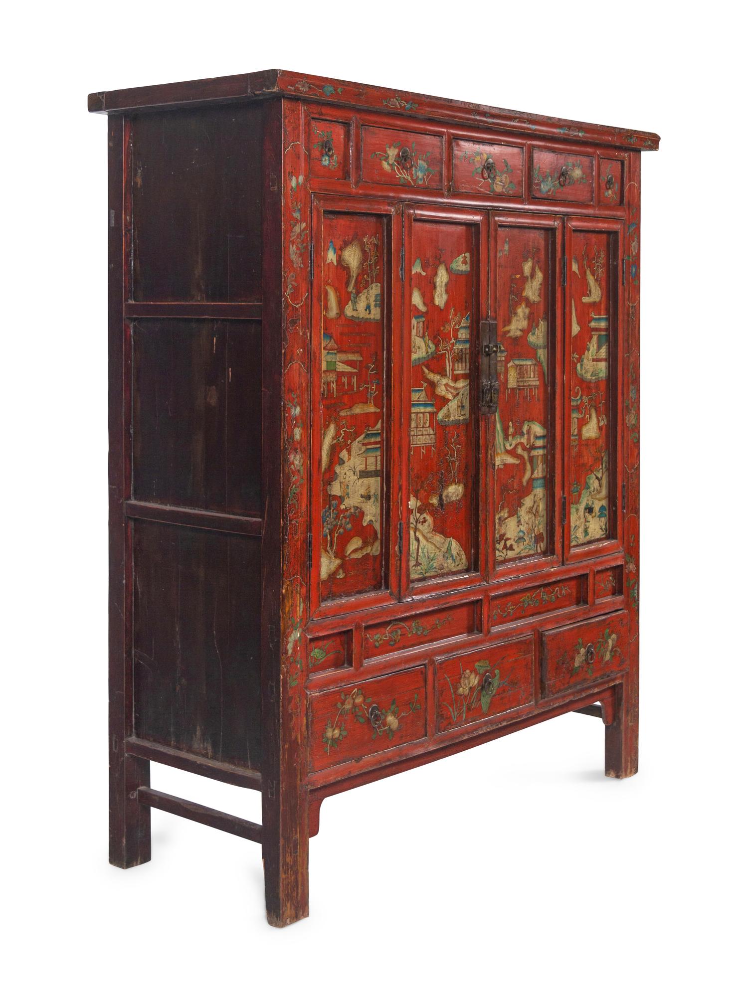 A Chinese Red Lacquered and Chinoiserie Decorated Armoire