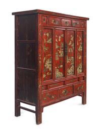 A Chinese Red Lacquered and Chinoiserie Decorated Armoire