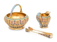 A Russian Silver-Gilt and Shaded Enamel Creamer and Sugar Set