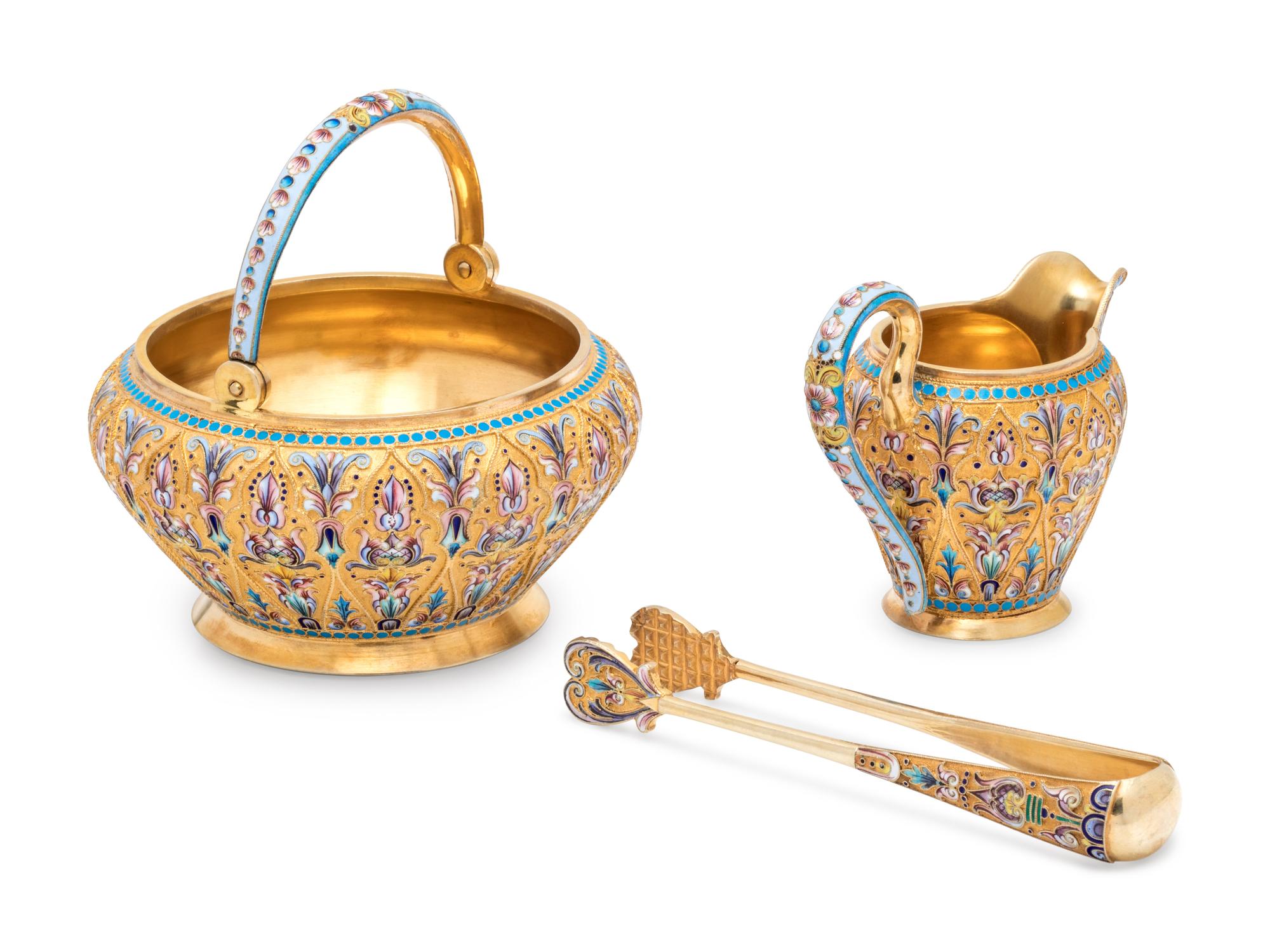 A Russian Silver-Gilt and Shaded Enamel Creamer and Sugar Set