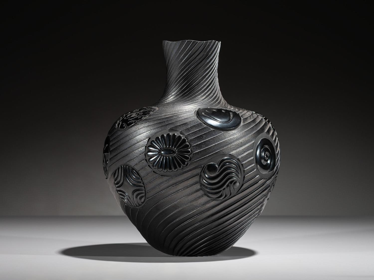 Micaceous Blackware Swirling Pottery Jar, Collaboration