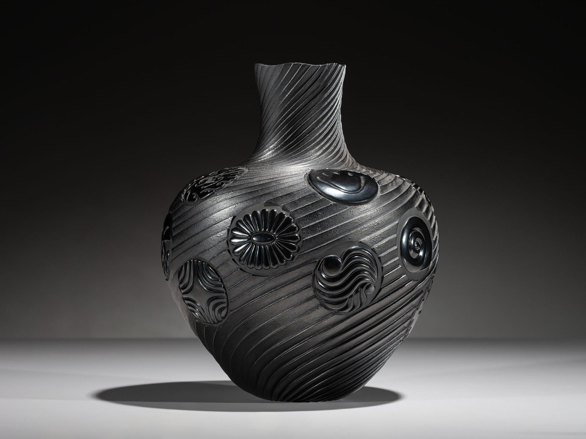 Micaceous Blackware Swirling Pottery Jar, Collaboration