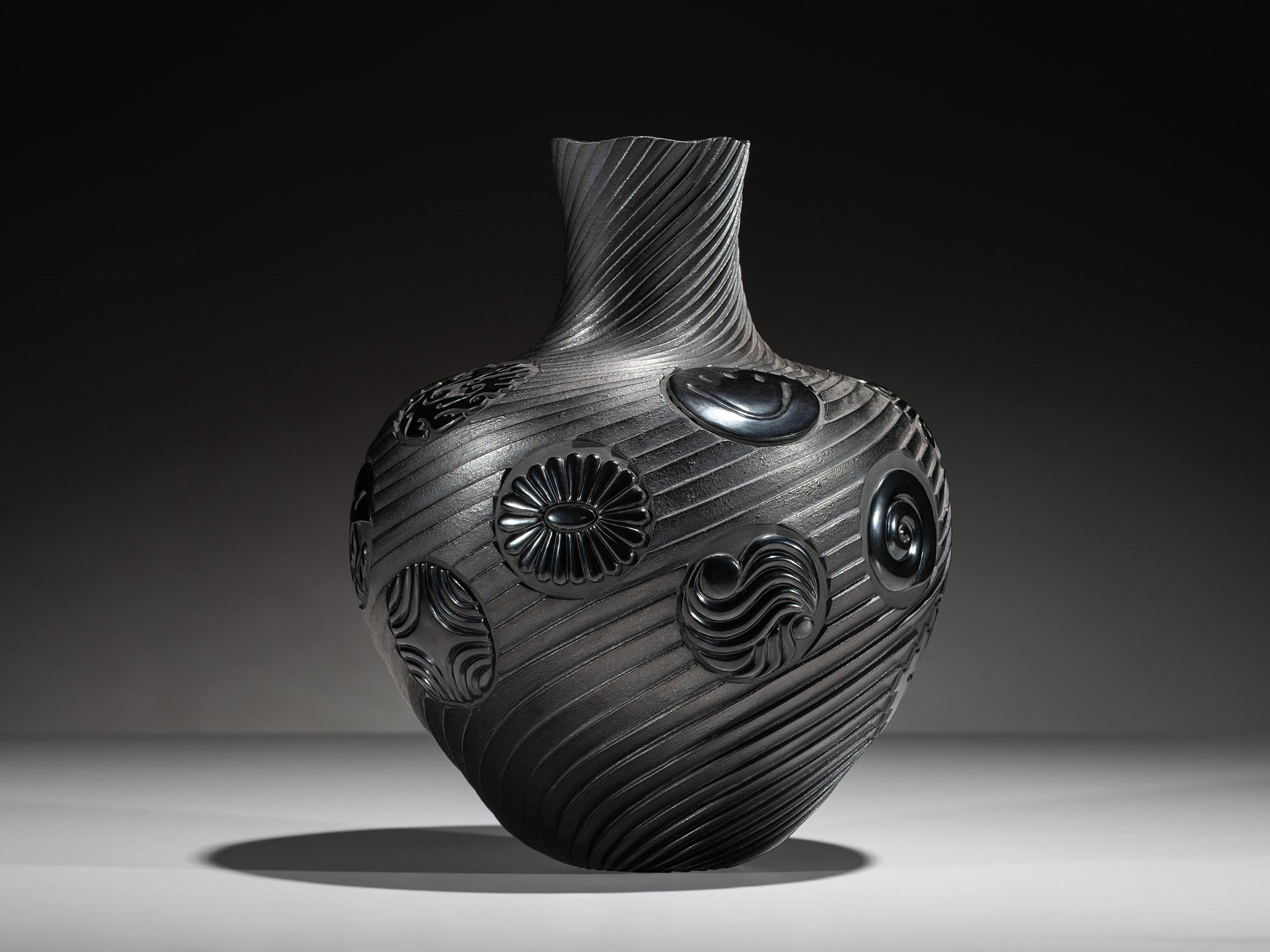 Micaceous Blackware Swirling Pottery Jar, Collaboration