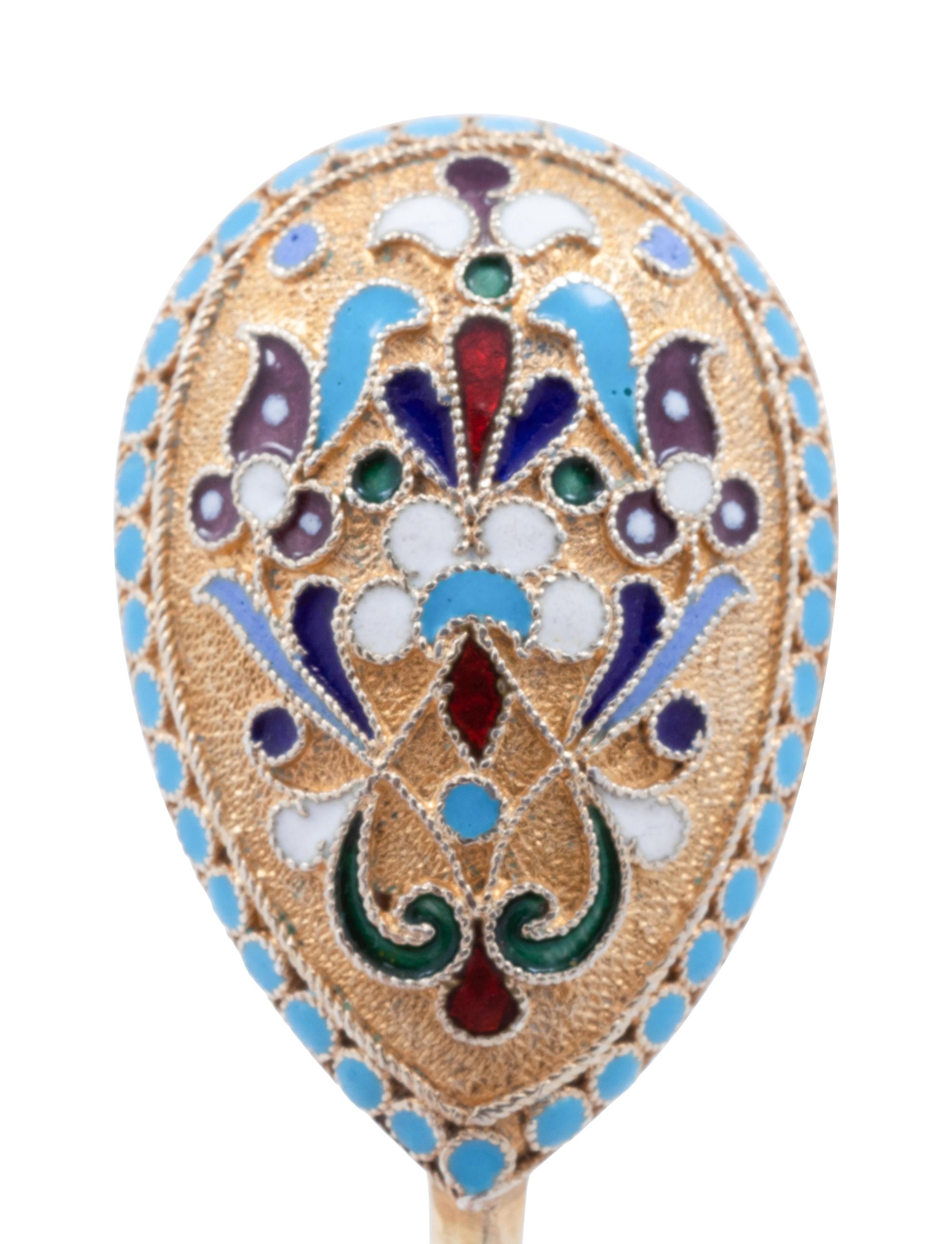 A Set of Twelve Russian Enameled Silver-Gilt Coffee Spoons