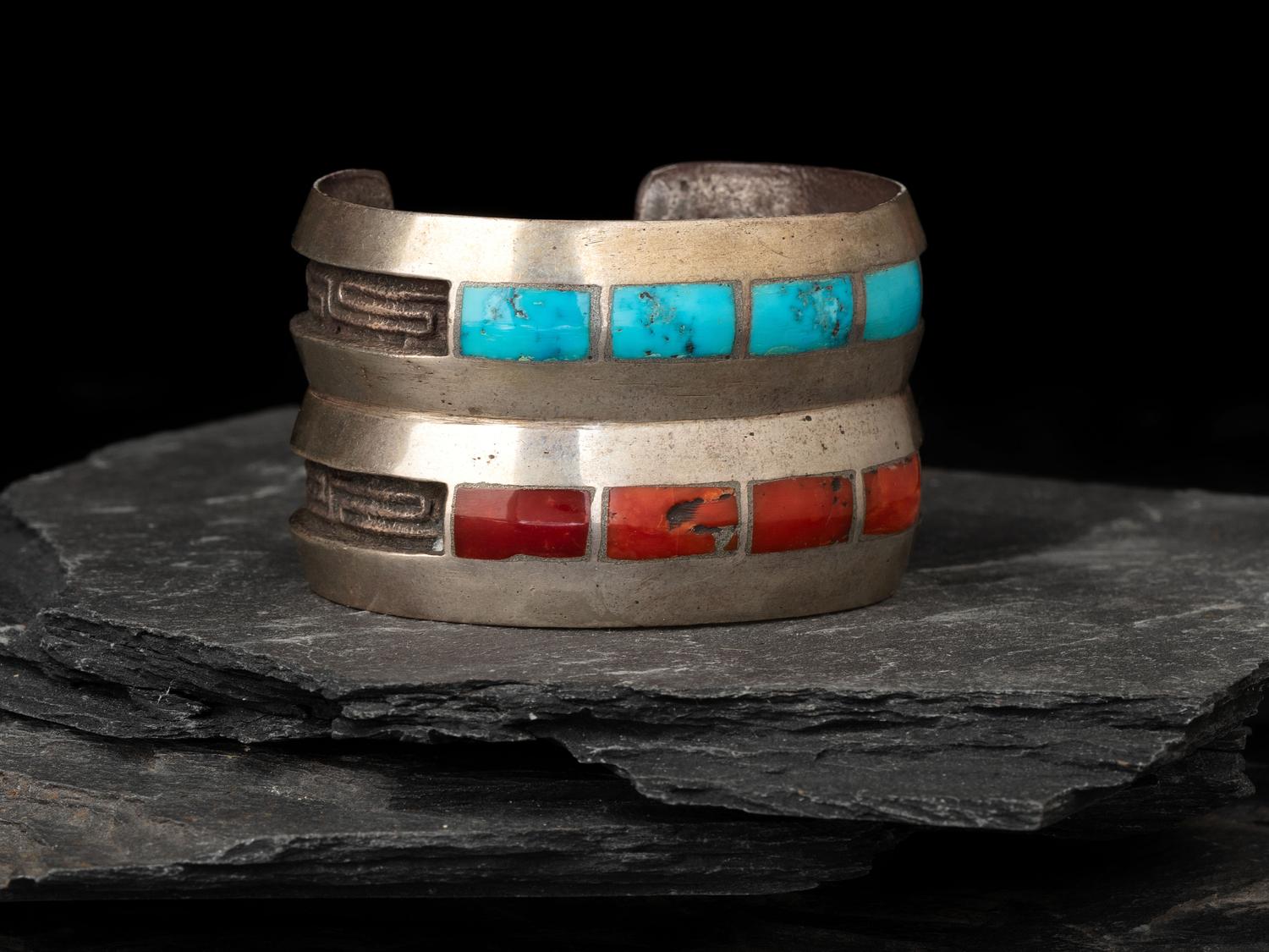 Turquoise and Coral Channel Inlaid Tufa Cast Silver Cuff Bracelet