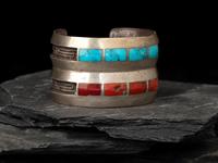 Turquoise and Coral Channel Inlaid Tufa Cast Silver Cuff Bracelet