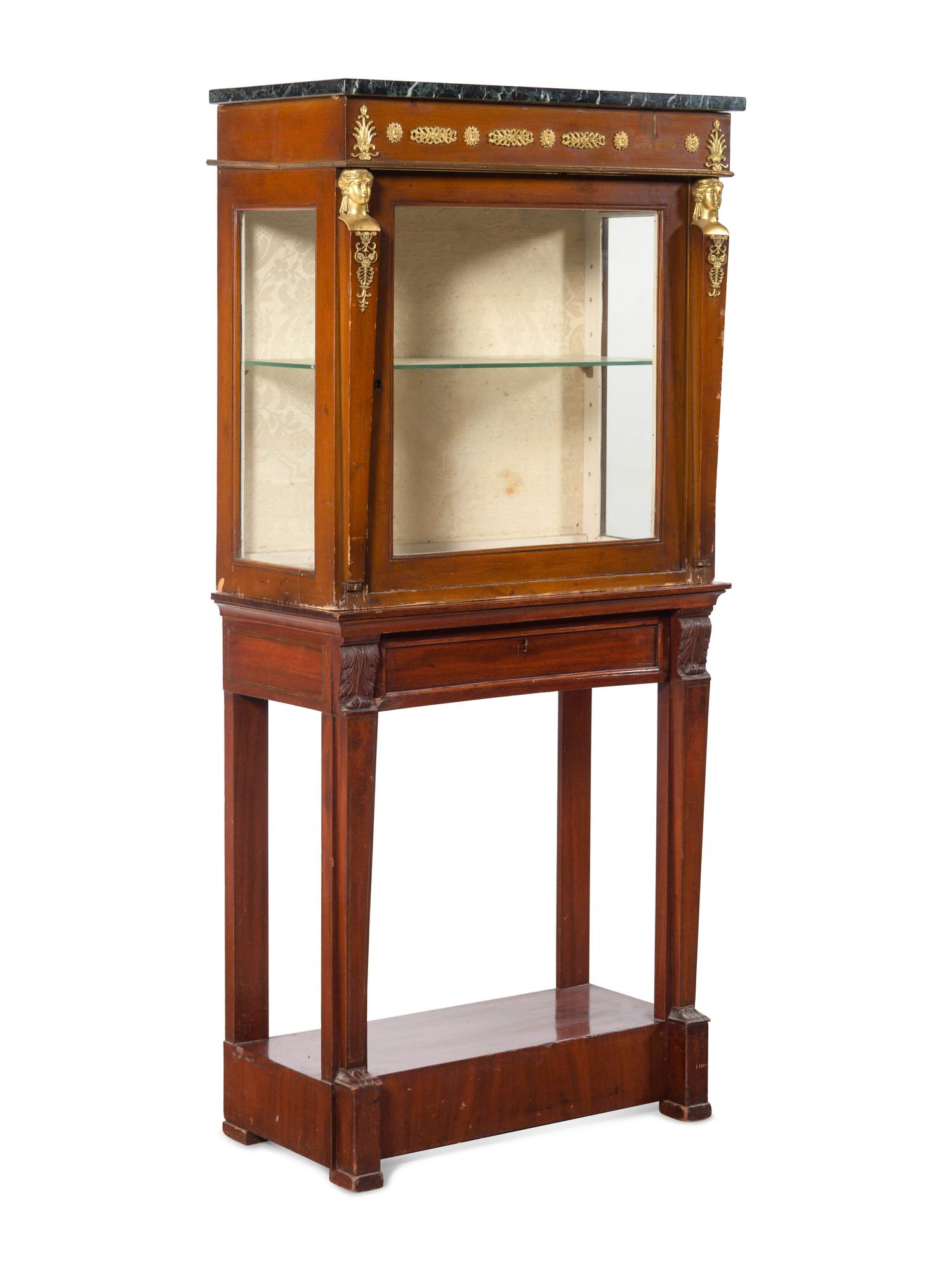 An Empire Style Gilt Bronze Mounted Mahogany Marble-Top Vitrine Cabinet